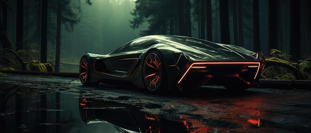 Sleek Futuristic Car Blending with Forestpunk Aesthetics Set in Muted Tones with a Neon Edge