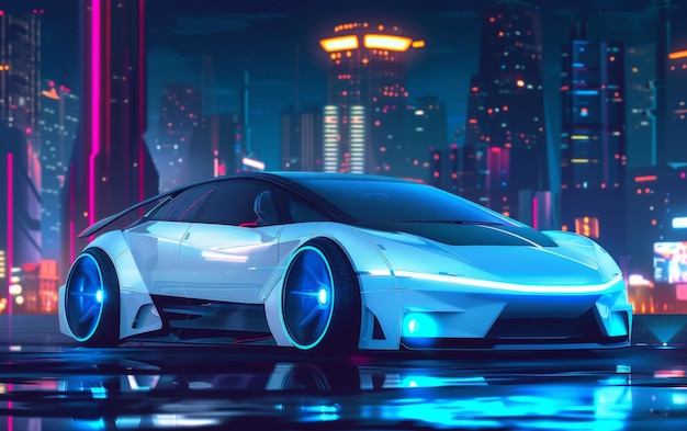 A sleek futuristic car gleams under neon lights in a vibrant cyberpunk cityscape reflecting hightech vibes and advanced urban design Car