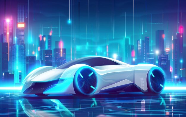 A sleek futuristic car gleams under neon lights in a vibrant cyberpunk cityscape reflecting hightech vibes and advanced urban design Car