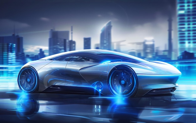 A sleek futuristic car gleams under neon lights in a vibrant cyberpunk cityscape reflecting hightech vibes and advanced urban design Car