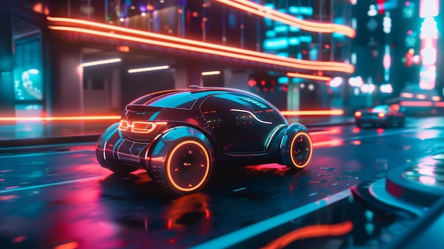 A sleek futuristic car gleams under neon lights in a vibrant cyberpunk cityscape reflecting hightech vibes and advanced urban design Car