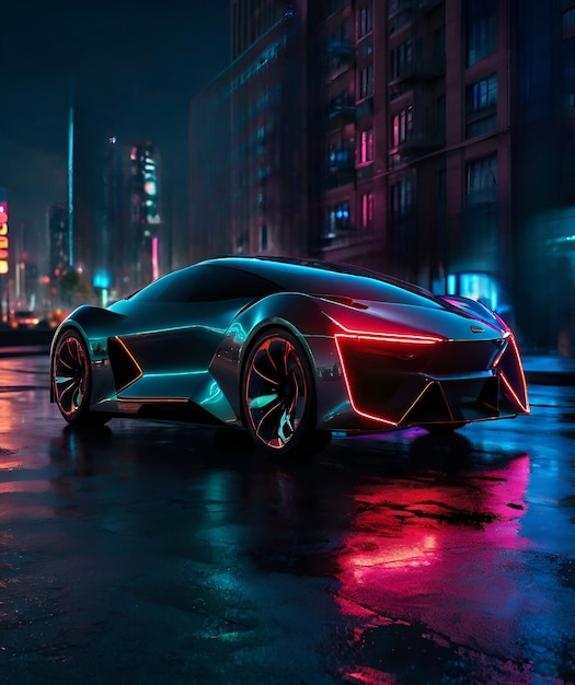 sleek and futuristic digital car neonlit cityscape at night