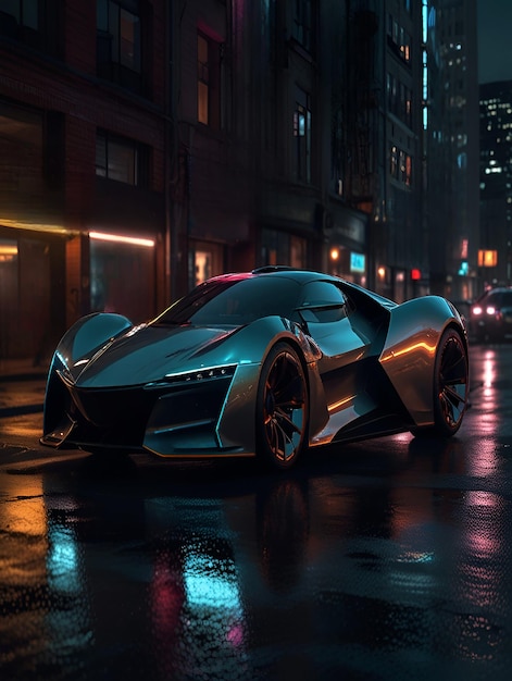 sleek and futuristic digital car neonlit cityscape at night