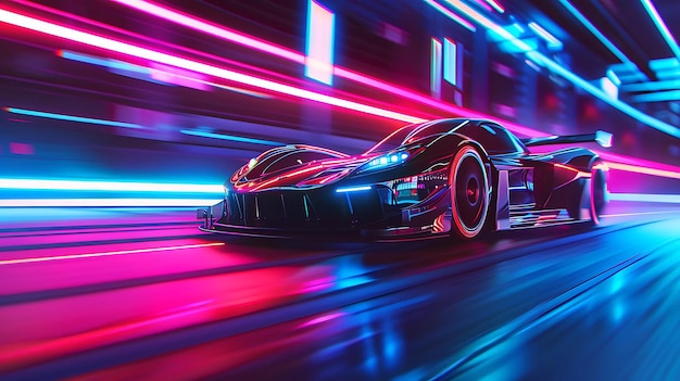 A sleek futuristic race car speeds through a neonlit environment