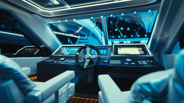 Photo a sleek futuristic yacht cockpit featuring advanced navigation screens glowing in a blue ambiance plush seats and a stateoftheart steering wheel