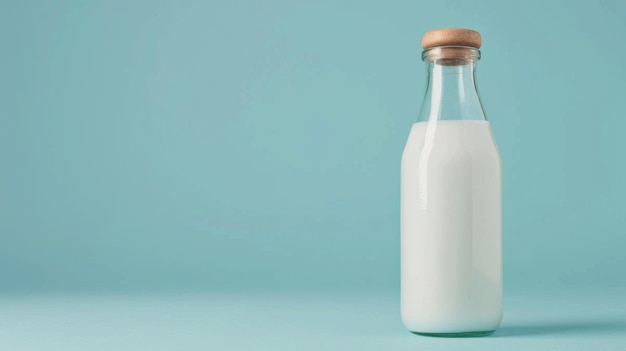 Photo a sleek glass bottle filled with milk set against a pastel blue backdrop epitomizing modernity and simplicity in everyday items