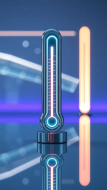 Photo sleek glowing thermometer on reflective surface with futuristic lights