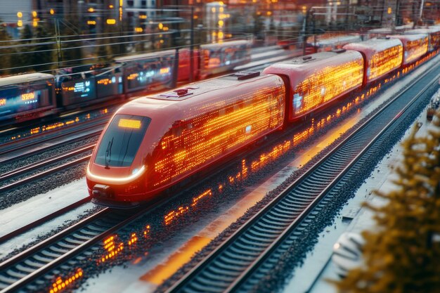 Photo sleek high speed train illuminated by vibrant lights in a bustling cityscape at night illustrating