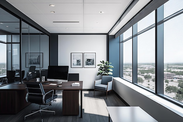 A sleek and highly advanced office space with glass walls floortoceiling windows and stateofthe art technology