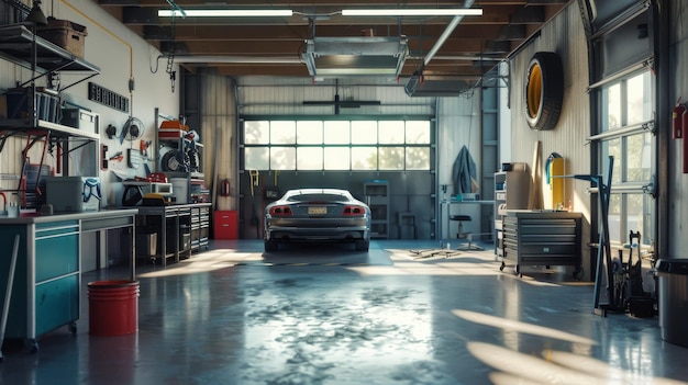 A sleek highperformance car is parked neatly in a spacious and wellorganized garage with sunlight streaming through wide windows setting a serene mood