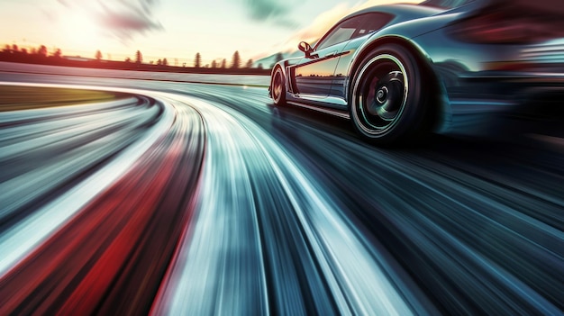 A sleek highspeed car takes a sharp corner on a race track creating a thrilling motion blur effect