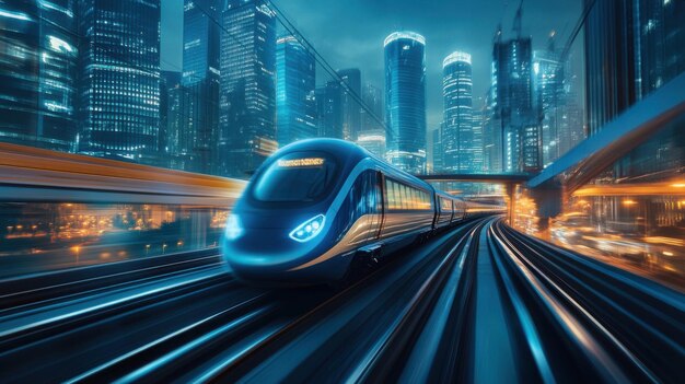 Photo a sleek highspeed train in blue with streamlined curves and reflective surfaces moving