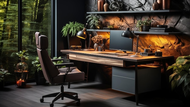 A sleek home office in dark room featuring a laptop resting on a desk ai generated