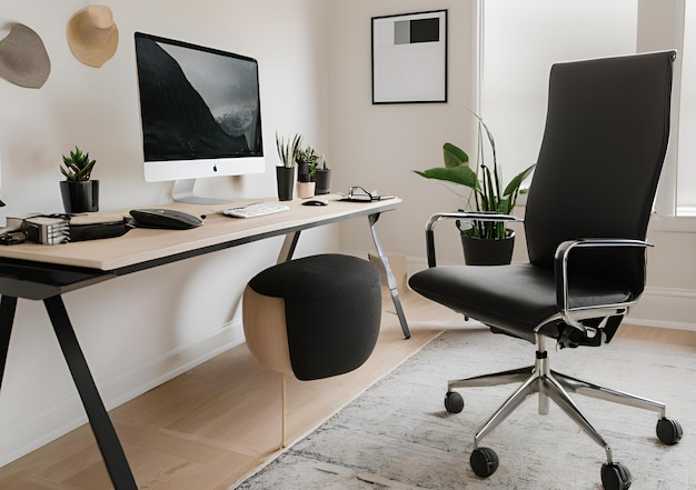 Photo a sleek home office with black desk and computer