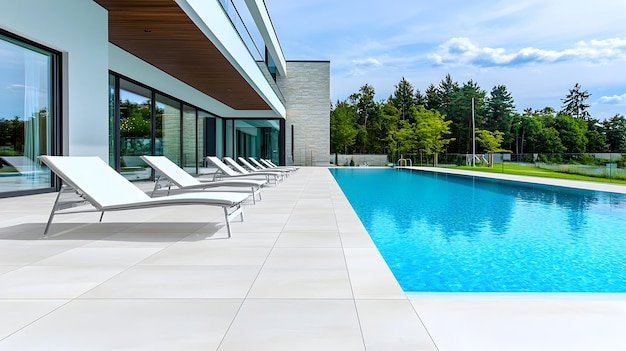 Sleek and Inviting Outdoor Pool Area with Glass Barrier Perfect for Luxury Hospitality Designs