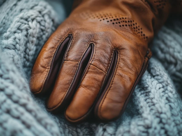 Sleek leather gloves contrasting against knitted sweater