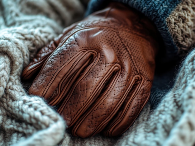 Sleek leather gloves contrasting against knitted sweater