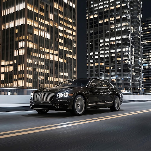 A sleek luxury sedan glides past a cityscape of glowing skyscrapers at night