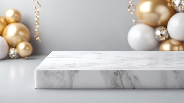 Sleek marble counter mockup against a backdrop of New Year s Eve party decorations