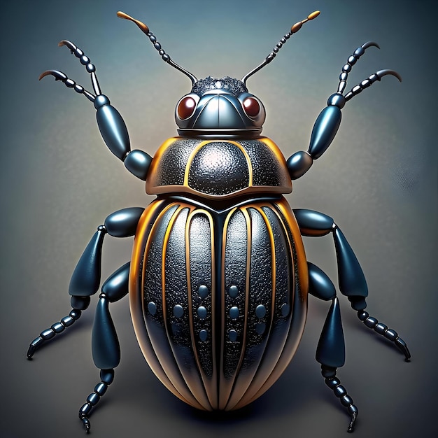 A sleek metallic 3D beetle with a textured black shell and gold accents