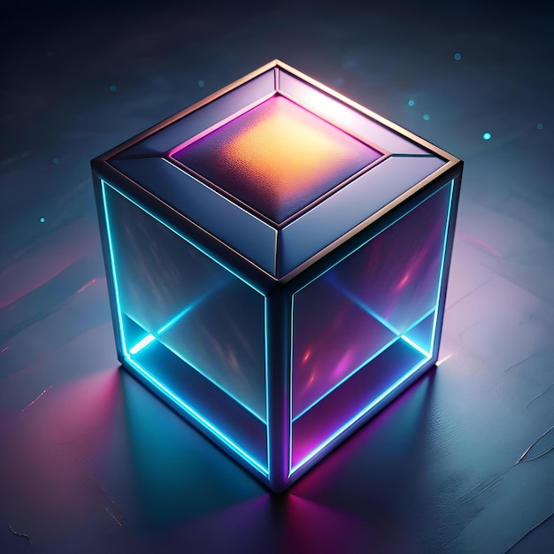 A sleek metallic cube with glowing neon edges