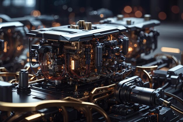 A sleek, metallic landscape of interconnected machines and circuitry, powered by a mysterious energy source