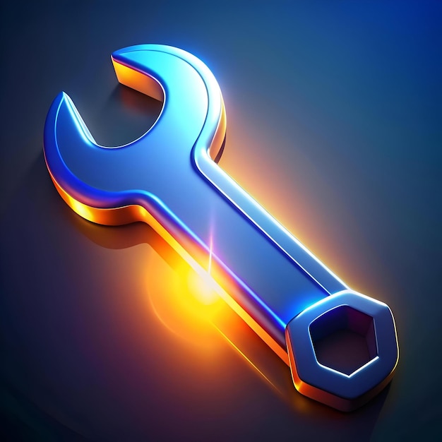 A sleek metallic wrench rendered in a modern 3D style with a vibrant blue and gold color scheme