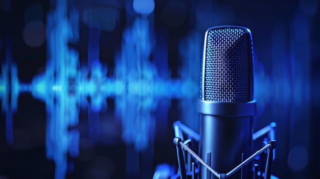 A sleek microphone set against a backdrop of blurred blue sound waves capturing a modern and professional ambiance perfect for recording or podcasting