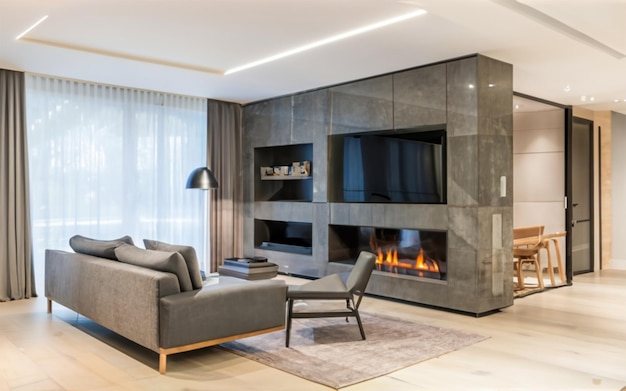 Sleek Minimalism Modern Living Room with Glass Fireplace amp Grey Corner Sofa