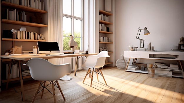 Sleek and minimalist home office setup with a sleek desk ergonomic chair minimalist decor and ample natural light offering a functional and aesthetic workspace Generative AI