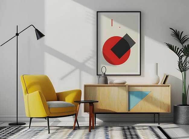 Sleek and minimalist living room interior with retro armchair black floor lamp sideboard coffee table geometric carpet and art poster on the wall in maximalist style