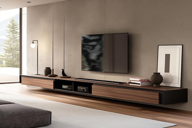 Sleek minimalist tv stand with clean lines and ample storage space in a contemporary living room setting