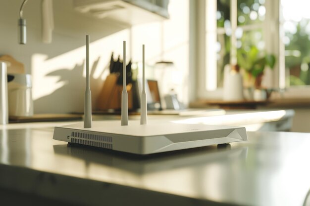 A sleek modemrouter placed on a kitchen counter bathed in natural morning light signifying modern connectivity and a techsavvy lifestyle