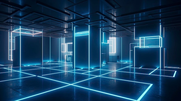 Sleek and Modern Blue Geometry Room with Glowing Accents for HighTech and Futuristic Themes