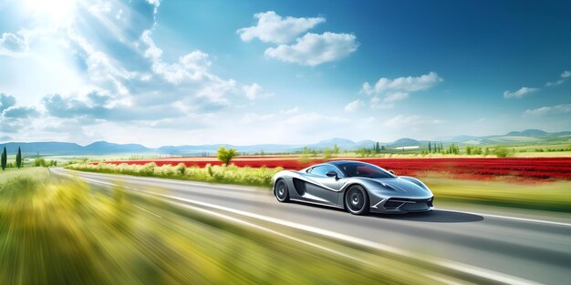 Photo sleek modern car speeding through countryside with motion blur effect concept car photography motion blur modern vehicles countryside scenery