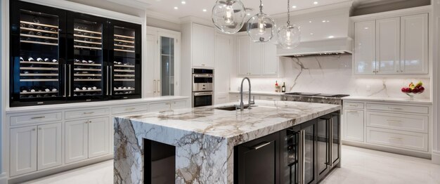 A sleek modern chefs kitchen featuring top of the line appliances and elegant design