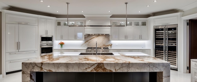 A sleek modern chefs kitchen featuring top of the line appliances and elegant design