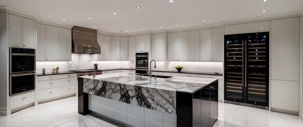 A sleek modern chefs kitchen featuring top of the line appliances and elegant design