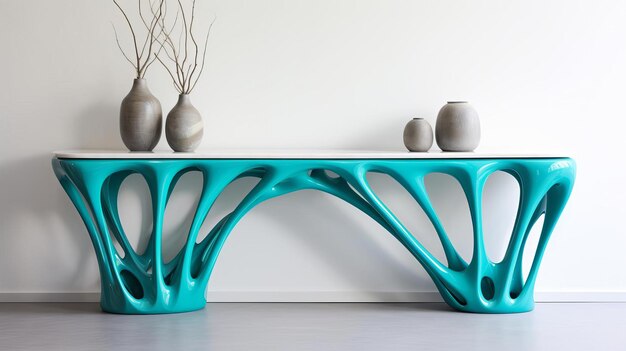 Photo sleek modern console table in turquoise fabric