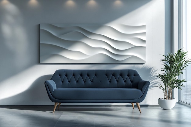 A sleek and modern corporate logo design on an elegant white wall with a blue sofa mockup Ai photo