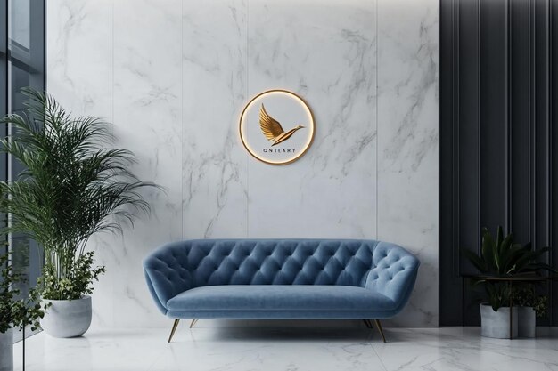 A sleek and modern corporate logo design on an elegant white wall with a blue sofa mockup Ai photo