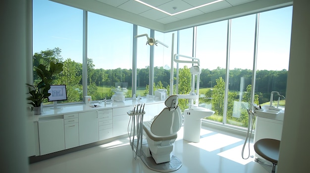 Photo sleek and modern dental office interior design with advanced equipment and bright lighting