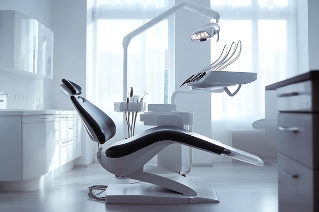 Photo sleek and modern dental office interior design with advanced equipment and bright lighting