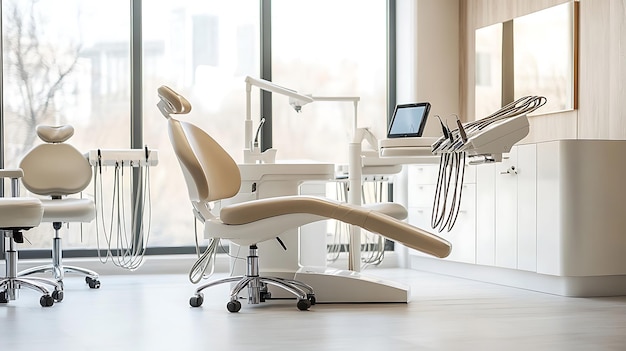 Photo sleek and modern dental office interior design with advanced equipment and bright lighting