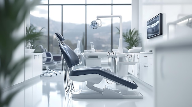 Photo sleek and modern dental office interior design with advanced equipment and bright lighting