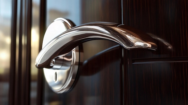 Photo a sleek and modern door handle glistens in the sunlight its polished finish adds elegance to any space this image showcases craftsmanship and design perfect for architectural projects ai