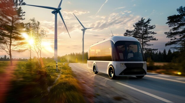 Photo a sleek modern electric bus drives past wind turbines during a picturesque sunset highlighting a blend of technology and sustainable energy