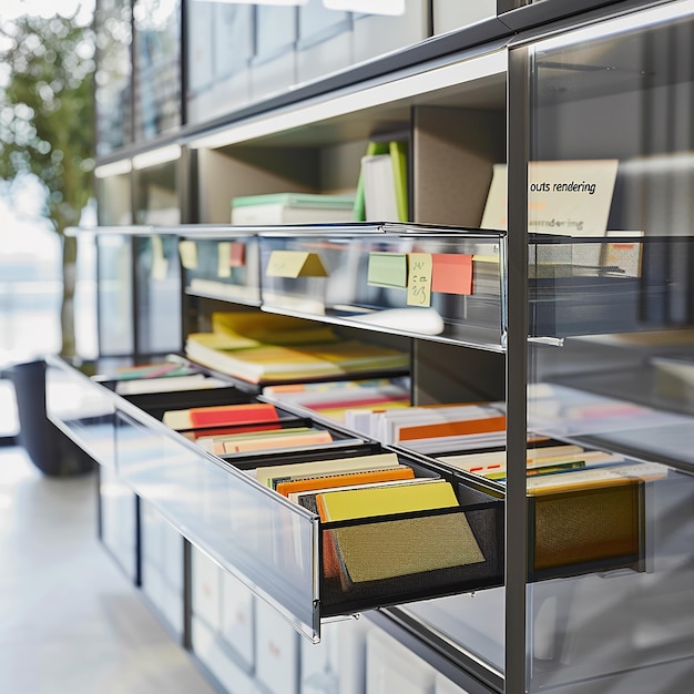 Photo a sleek modern file cabinet with open drawers filled to capacity