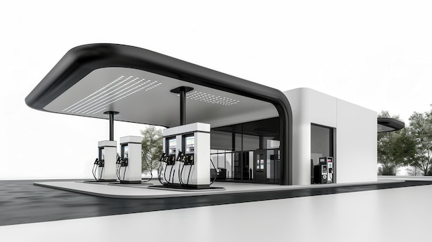 Photo a sleek modern gas station in black and white design showcases fuel dispensers against a clean white background for promotional purposes generative ai