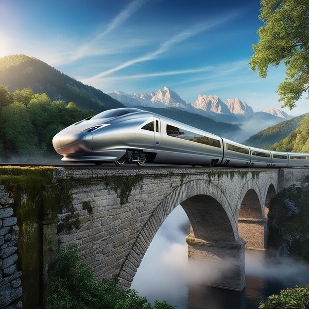 Photo a sleek modern highspeed train zooms across going over a bridge and a river